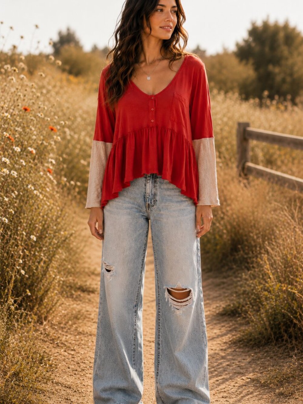Free People We The Free Top Womens L Red Babydoll Peplum Henley Boho New Casual